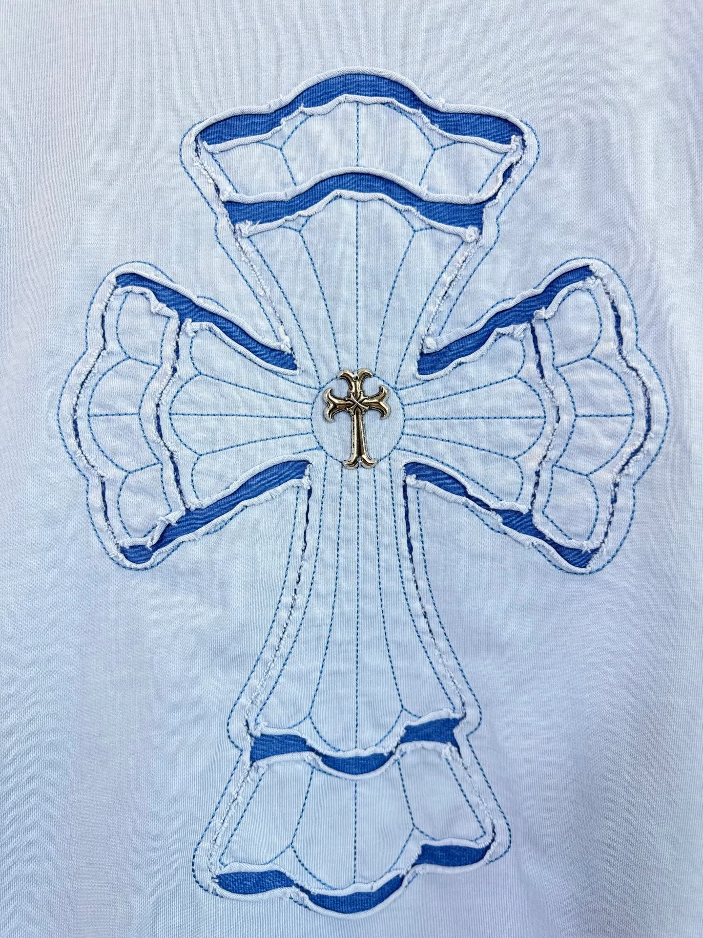 P230 ch high version Chrome Hearts 2025 spring and summer new cross patch washed short-sleeved T-shirt, fabric: 26 double yarns, 320 grams weight, cross patch embroidery, heavy washing Printing process: patch embroidery Color: blue gray Size: S M L XL Style number: 5163